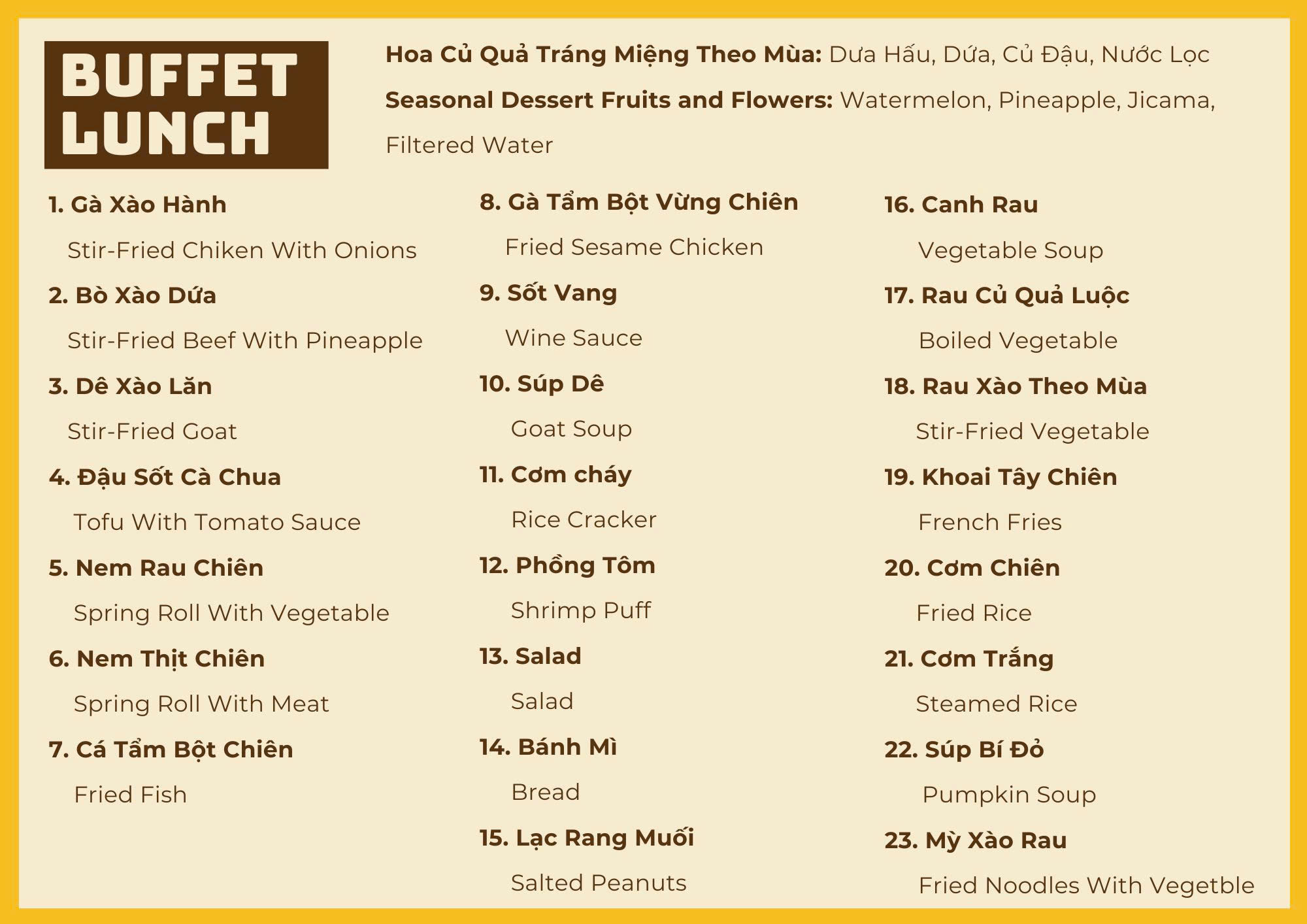 Menu buffet trưa với các lịch trình du lịch ninh bình 1 ngày